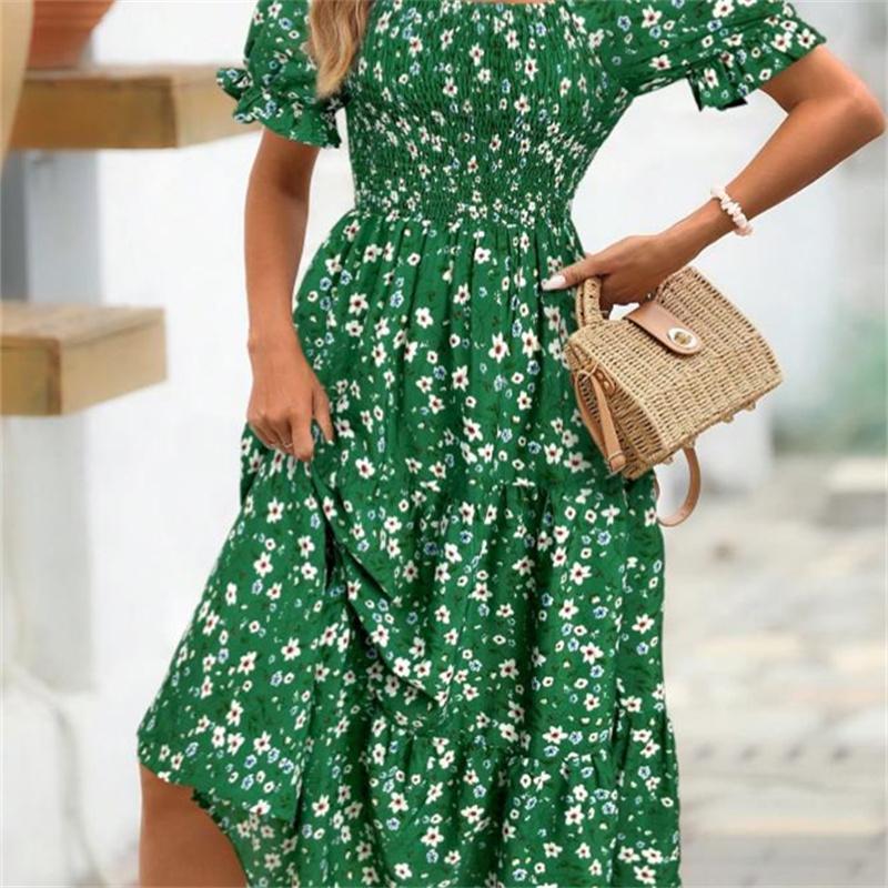 Women's Square Collar Waist Printed Dress S-XXXL