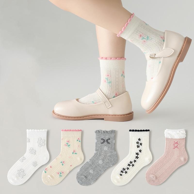 5Pairs/Set Children Girls Mesh Socks Breathable Soft Comfortable Cute Lace Cartoon Thin Daily Walking Wear Baby Socks Summer