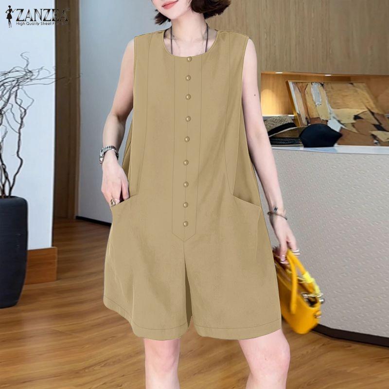 ZANZEA Salopete scurte casual de vară pentru femei, cu gât rotund, fără mâneci