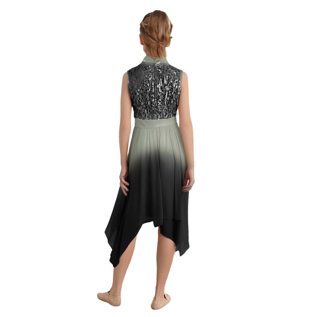 Girls Liturgical Dance Dress - Sleeveless Mock Neck Tunic with Asymmetrical Hem & Shiny Sequins for Worship Performance