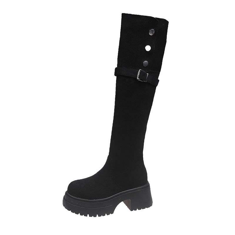 Khaki Knee Boots Women's Spring and Autumn Suede Two-wear Long Boots Thick Heel High Knight Boots Thick-soled Western Boots