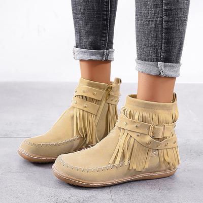 Stivaletti Chic con Frange da Donna Punta Tonda Retro tinta Unita Scarpe Basse Frange Zip Colore Unico Stivaletti Stivali da Donna Stivali da Pioggia