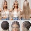 Lange, seidig glatte Spitzenperücke mit T-Teil, hellbraune, blonde Strähnchen-Perücke mit Babyhaar, hochdichte, hitzebeständige Kunsthaarperücke