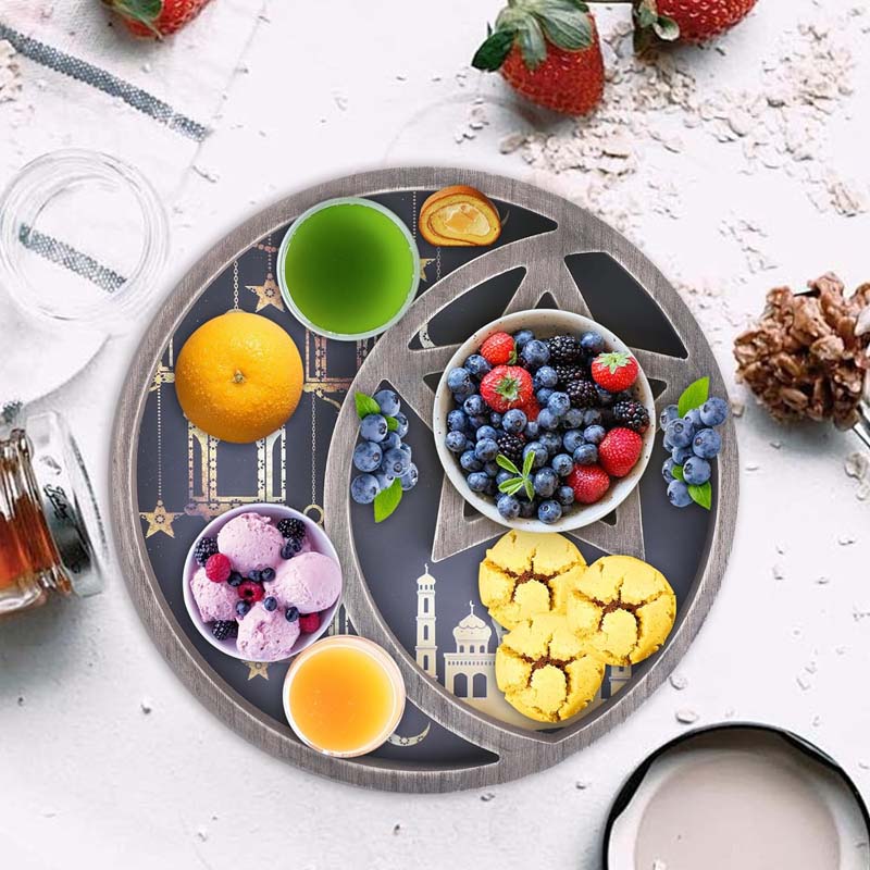 Ramadan Moon Star Serving Tray - Eid Cupcake Candy Plates Mubarak Religious Painting for Family Party Wooden Decorations
