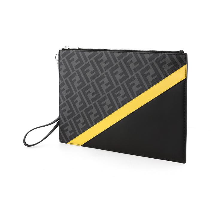 Fendi Monogram Logo FF Pattern Color Block Striped Coated Wristband Canvas And Leather Clutch Men Clutch Black Gray Yellow 7N0110-A9XS-F0R2A