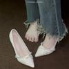 Fashion Pointed Toe Single Shoes Women's 2025 Summer New Versatile Pearl French Lace Ribbon Bridesmaid Shoes Stiletto Heels
