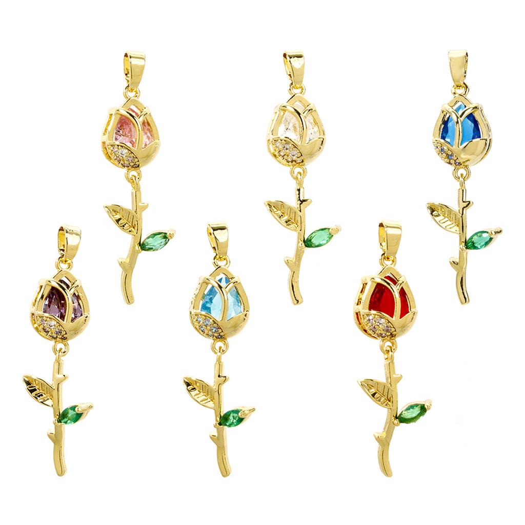 2 PCs Rose Brass 8K Gold Plated Tulip Flower Micro Pave Clear Cubic Zirconia Pendants Exquisite Jewelry Findings 3.8cm x 1.2cm