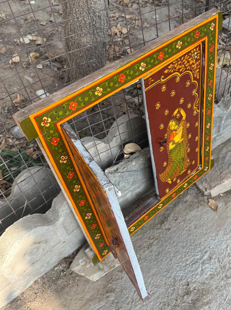 Retro Antique Wooden Window Panel Hand Painted Indian Religious Radha Krishna Frame