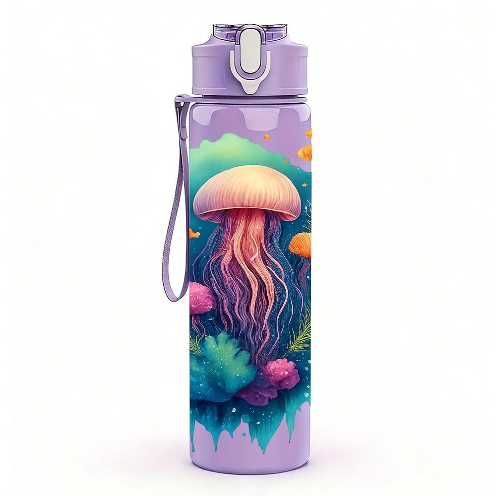 1PC Colorful Jellyfish Art 750ml Color Plastic Sports Water Bottle Leakproof Flip Straw Lid Suitable for Sports Office Home Use