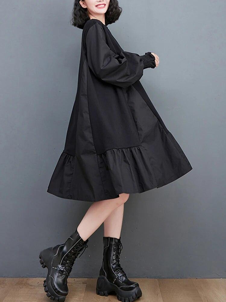 Xitao Schwarzes lässiges Patchwork-Kleid, lockere Mode für Damen LYD1042