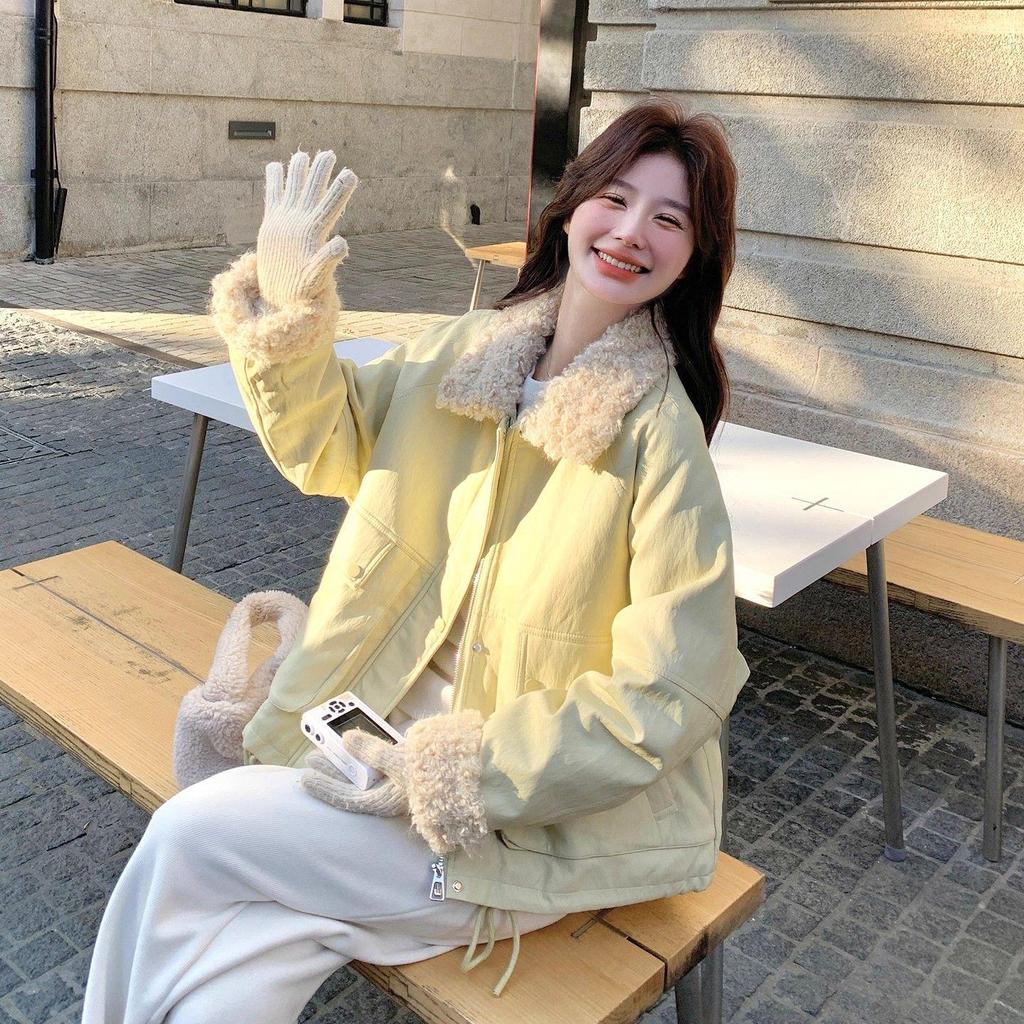 Beige Patchwork Lambswool Lapel Parka with Rabbit Fur - Women's New Winter 2025 Casual Jacket