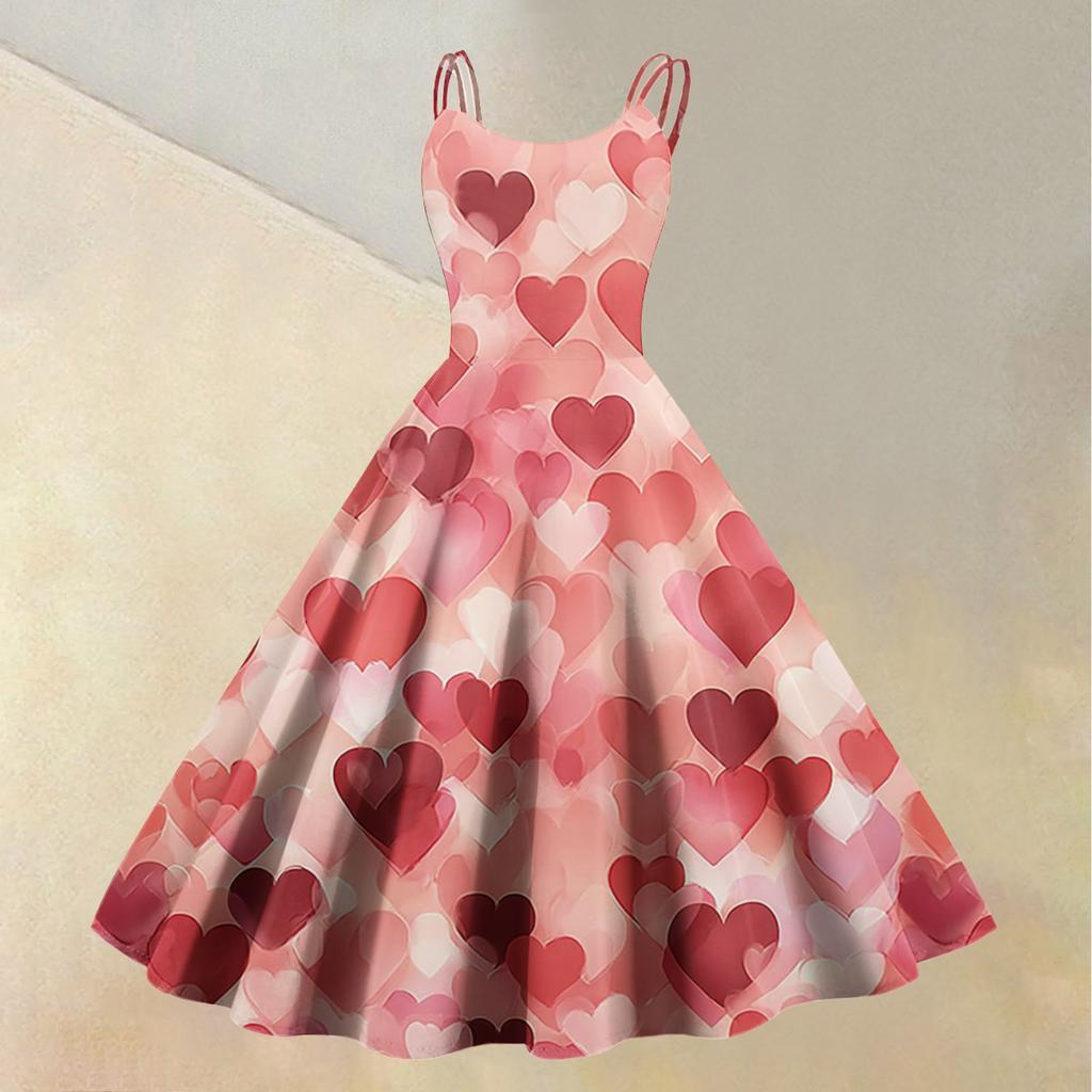 Damen-Kleid mit Valentinstag-Liebesherz-Print, sexy, schulterfrei, Vintage-Kleid