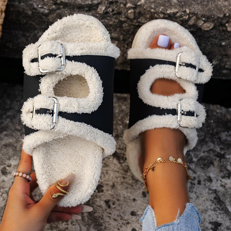 Thick-soled Fluffy Slippers for Women Outside, Autumn New One-word with Velvet Cotton Slippers, Home Wear Cotton Shoes for Women Outside