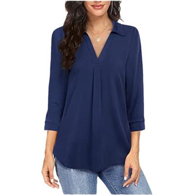 Lente Herfst Temperament Chiffon Dames Knoop Losse V-hals Zevenkwartsmouwen Shirt Top Blouses & Shirts
