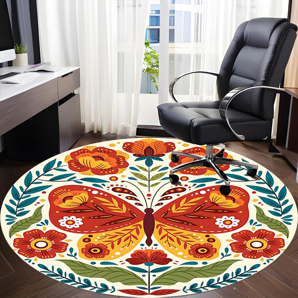 1pc Butterfly Flowers Office Round Area Rug, Indoor Mat Suitable For Office, Under Office Chairs Bedroom Living Room Home Decor, Room Deco