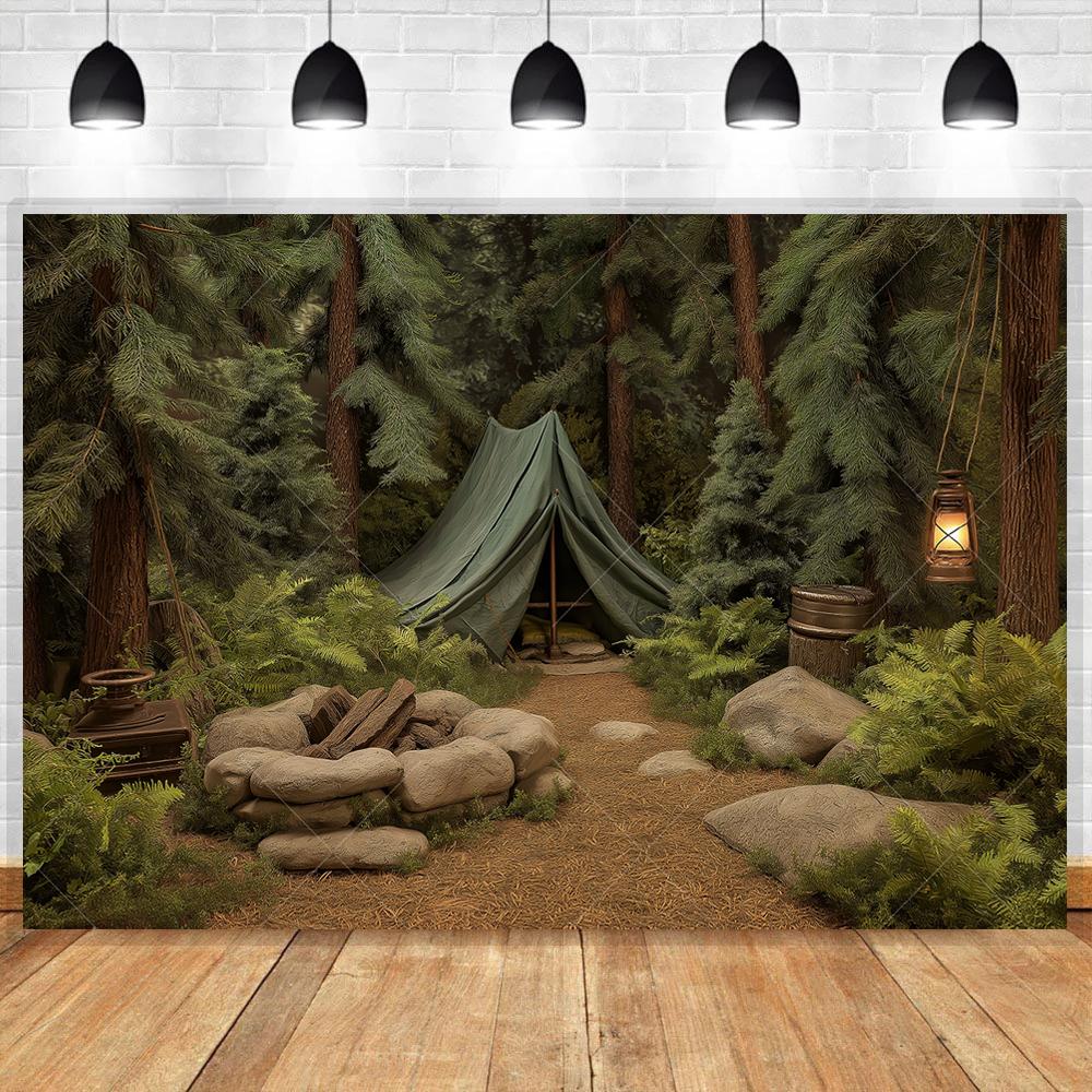 Forest Camping Tent Photography Backdrop Scene Background Forest Night Mountain Woodland Banner Birthday Party Decor Supplies VinylW150xH100cm