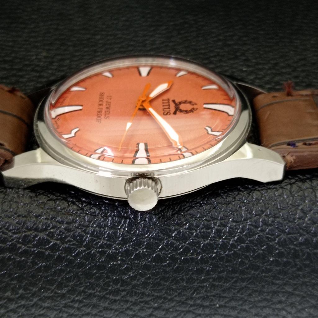HAND-WINDING VINTAGE TITUS SWISS MENS REFURBISHED PEACH DIAL WATCH A500064-2 R151a-a500064