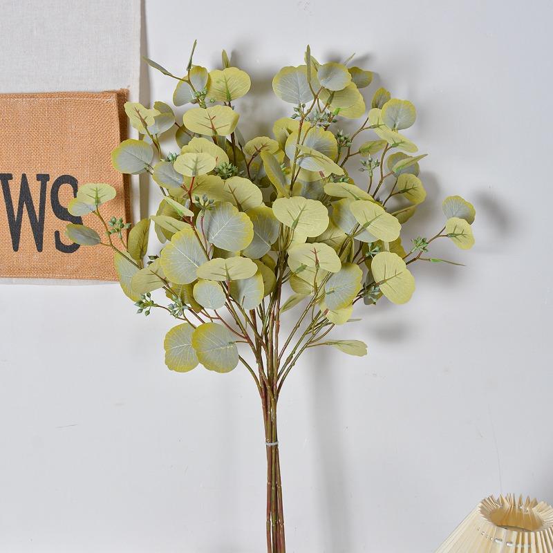 10pcs Silk Money Leaves Simulation Green Plants Floral Auditorium Decoration Artificial Belt Fruit Round Leaf Eucalyptus Branch