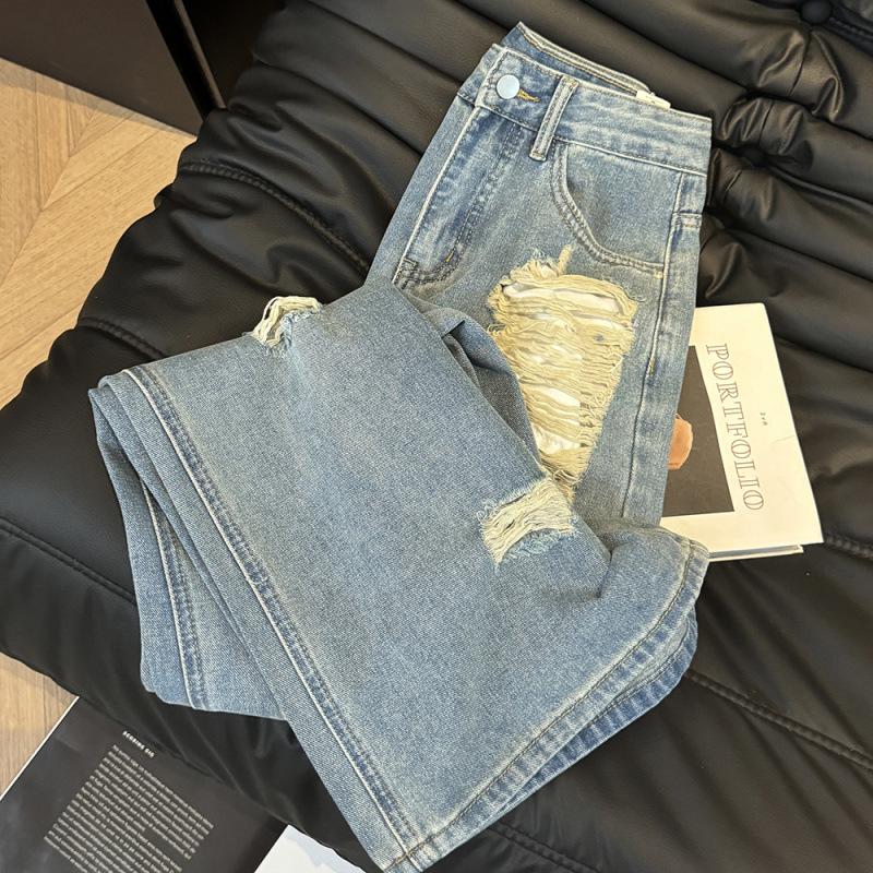 Summer Thin Ripped American Hot Girl Design Wide-Leg Jeans with Natural Waist Slimming for Women