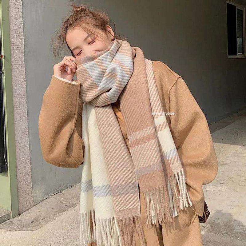 

Зимний шарф из искусственного кашемира, корейский модный клетчатый шарф с бахромой, женский удлиненный толстый шарф двойного назначения хаки