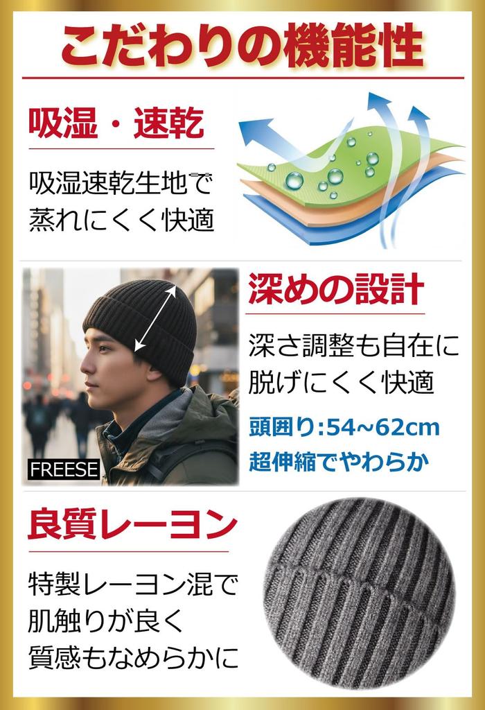 Knit Beanie Cap for Men UV Solid Deep One Size Fits All [FREESE] Moisture-wicking, Quick-drying, Breathable Protection, High-Quality Rayon,