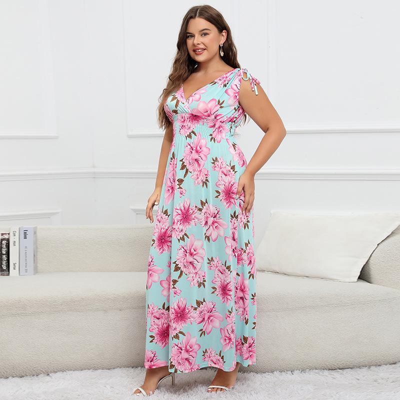 Letnia damska sukienka halterowa Plus Size Sukienki z elastycznym pasem Długie sukienki z nadrukiem Halter