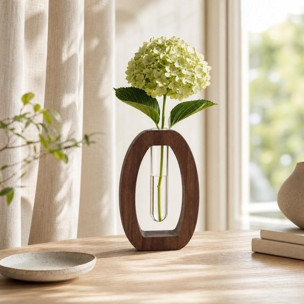 Home Decoration Hydroponic Flower Vase Wooden Flower Holder Water Plant Tube Stand Desktop Decor