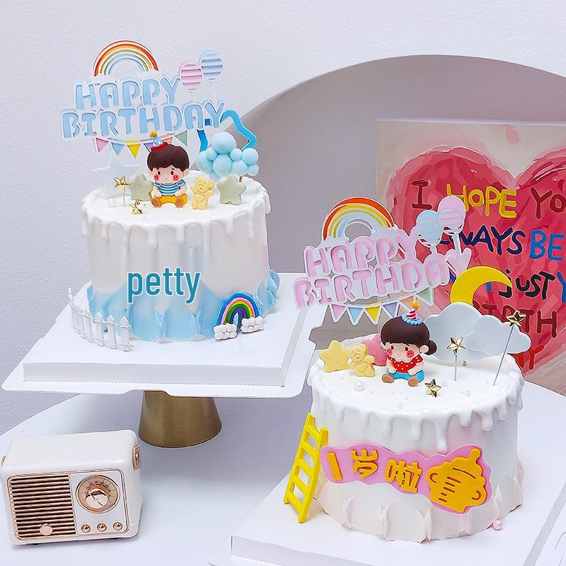Double Layer Rainbow Balloon Cake Topper: Colorful Happy Birthday Decoration