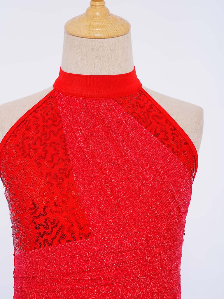 Salopetă Lirică pentru Fete Copii: Body fără mâneci cu guler înalt și spate cu bretele încrucișate, cu paiete strălucitoare și plasă irizată, cu craci largi