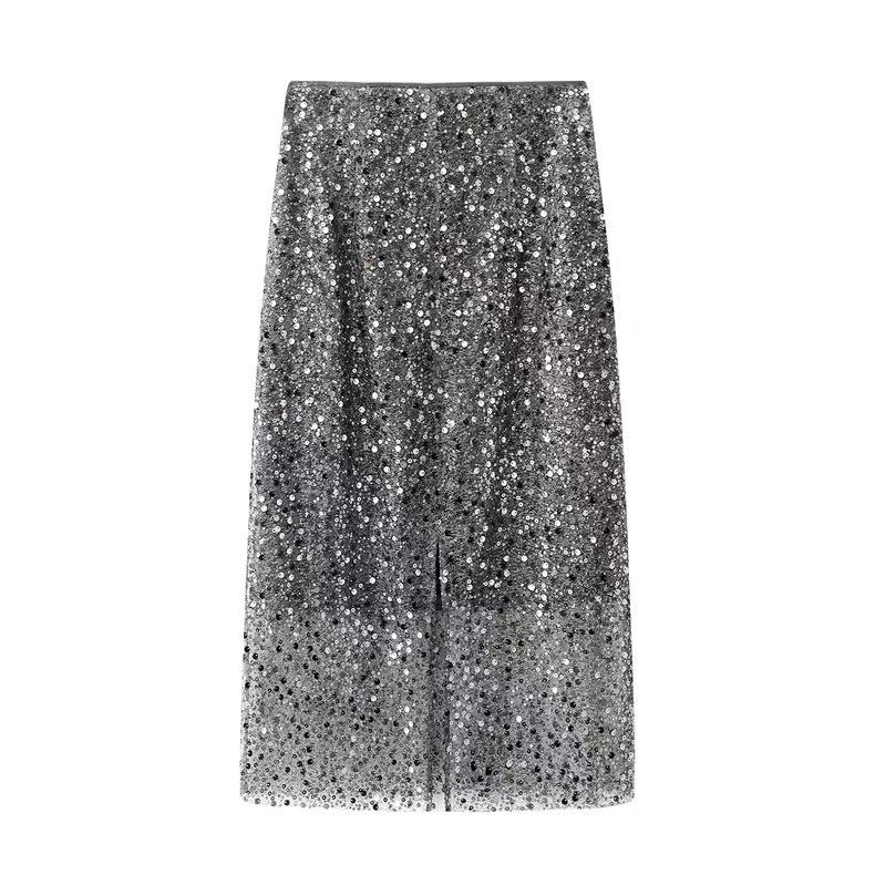 Available: Spring 2026 High Waist Slim Fit Shiny Sequin Slit Midi Skirt BR351114