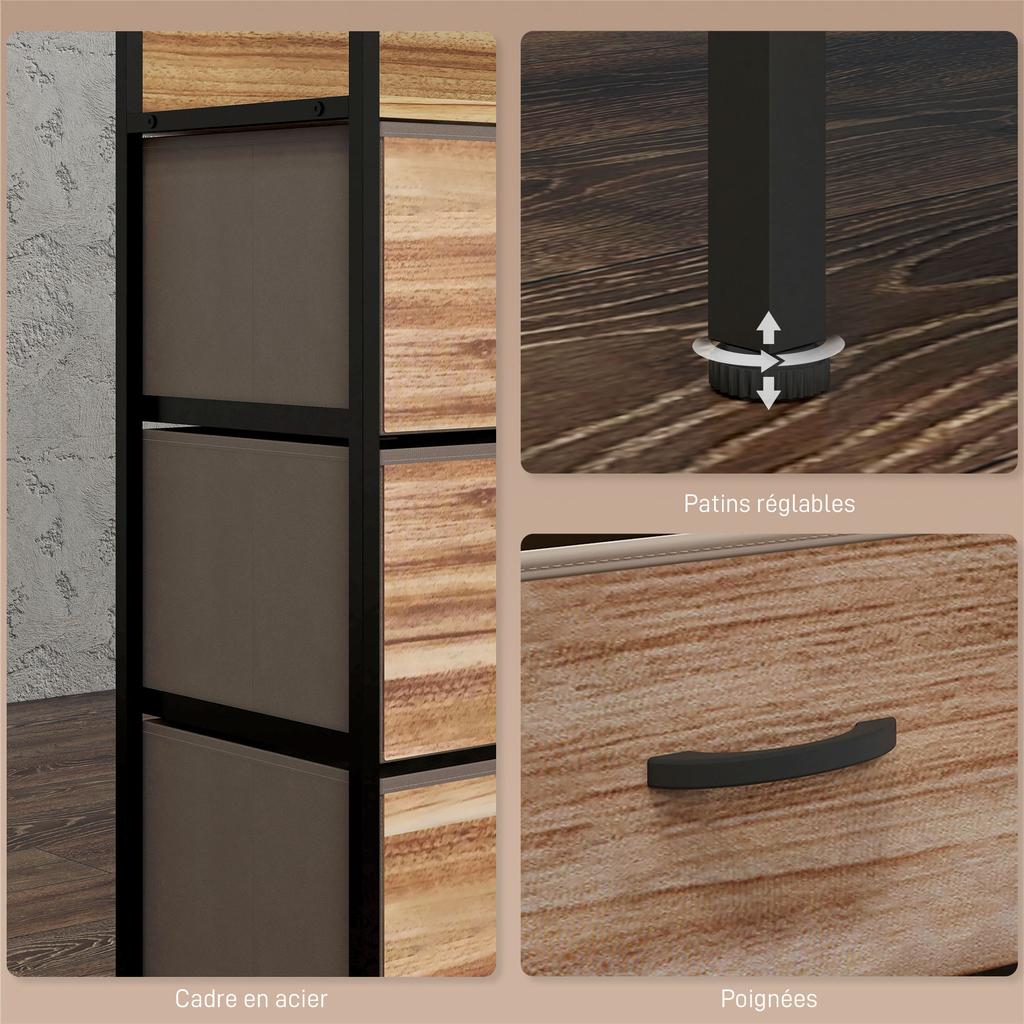 Industrial-style Storage Unit with 3 Removable Fabric Drawers and 2 Shelves - 60 X 29 X 101cm - MDF and Metal