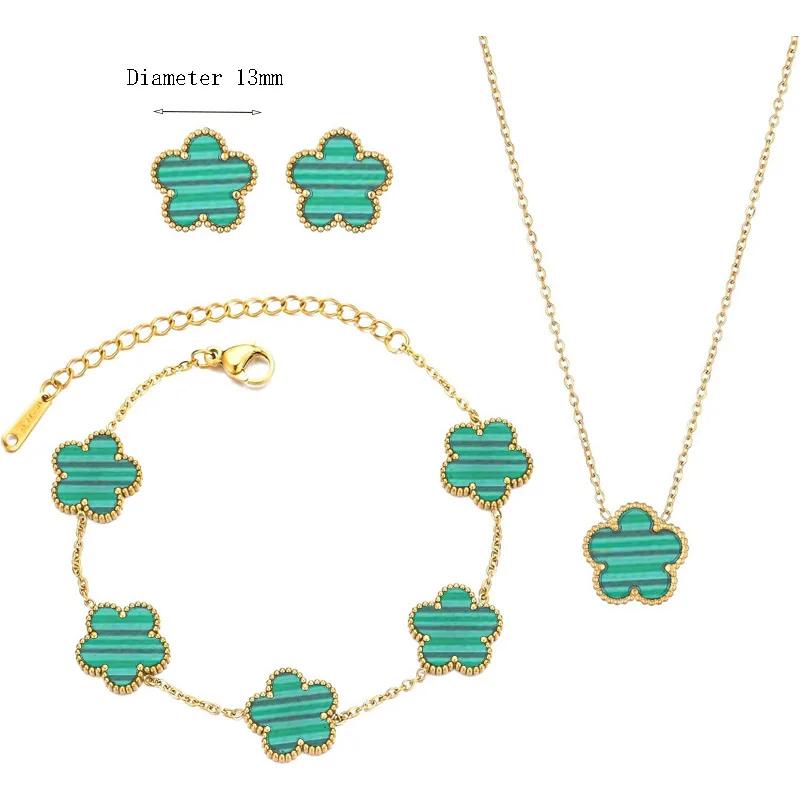 Conjunto de Joias Trevo Cor Prata para Mulheres Aço Inoxidável Hipoalergênico À Prova D'água Brincos Flor Colar Corrente Pulseira Novo