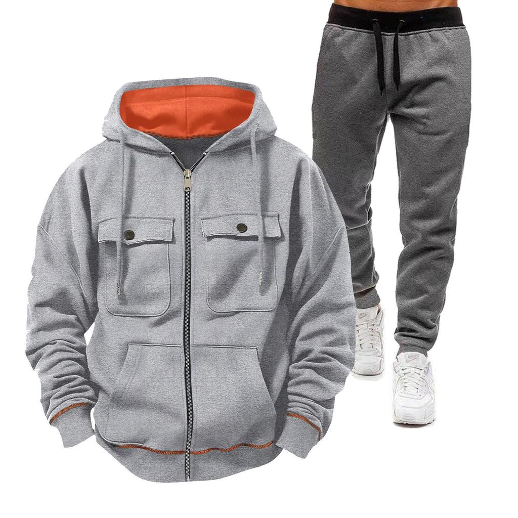 Men's European Size Hooded Sweatshirt Set: Zip-Up Fleece-Lined Jacket with Double Pockets for Sports and Casual Wear.
