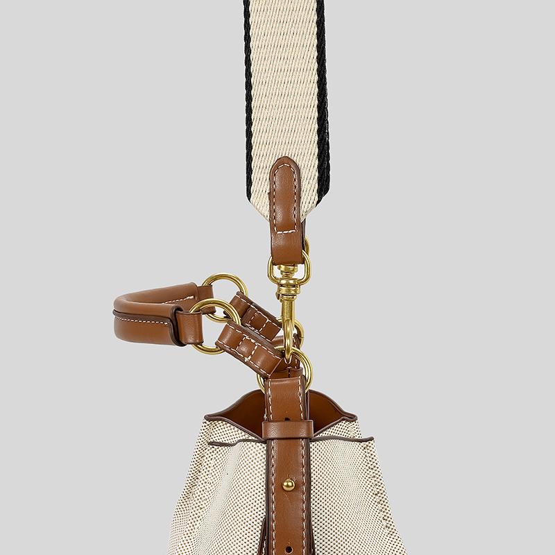 Fashion Panelled Canvas Bucket Bag Designer Women Handbags Luxury Pu Leather Shoulder Crossbody Bags with Wide Strap Tote Purses