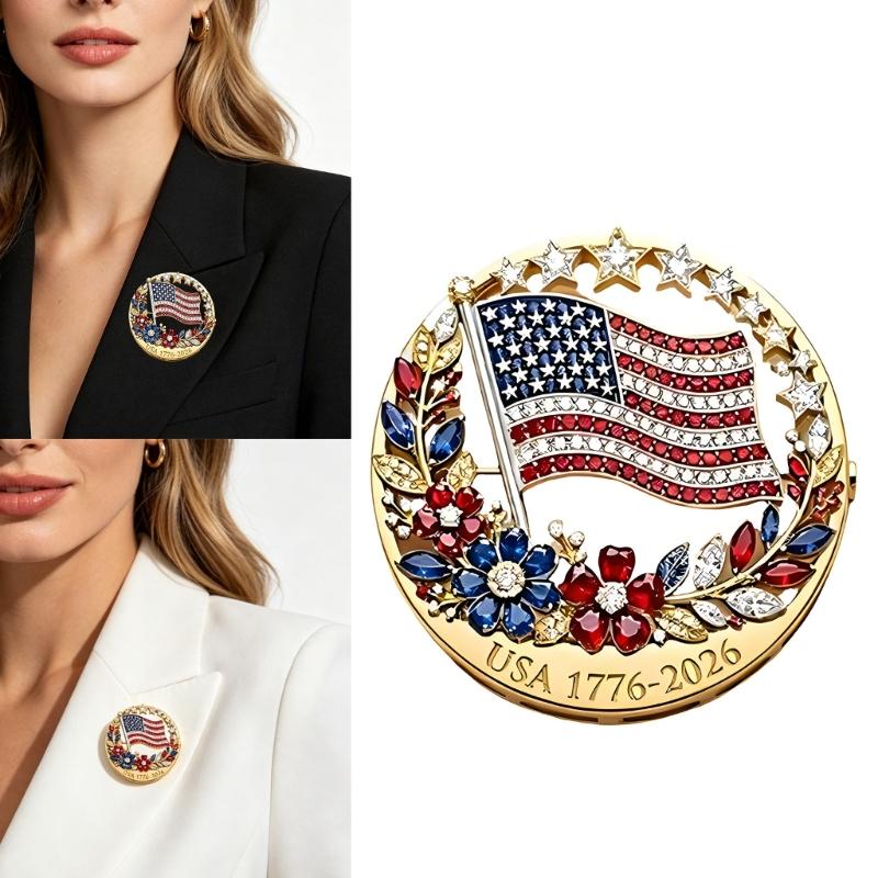 Classical American 250 Years Independence Commemorative Brooch Zinc Alloy Star Flower Coating Corsage Pin