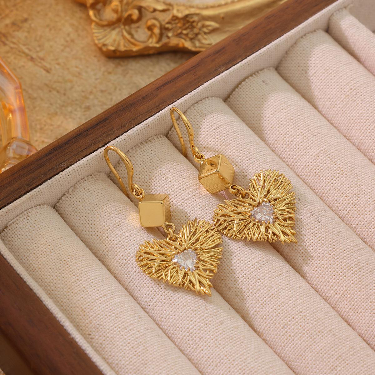 Japanese Korean Versions Of Simple Luxurious Genuine Gold Plated Bird s Nest Heart-shaped Set Zircon Oval Ring Earrings