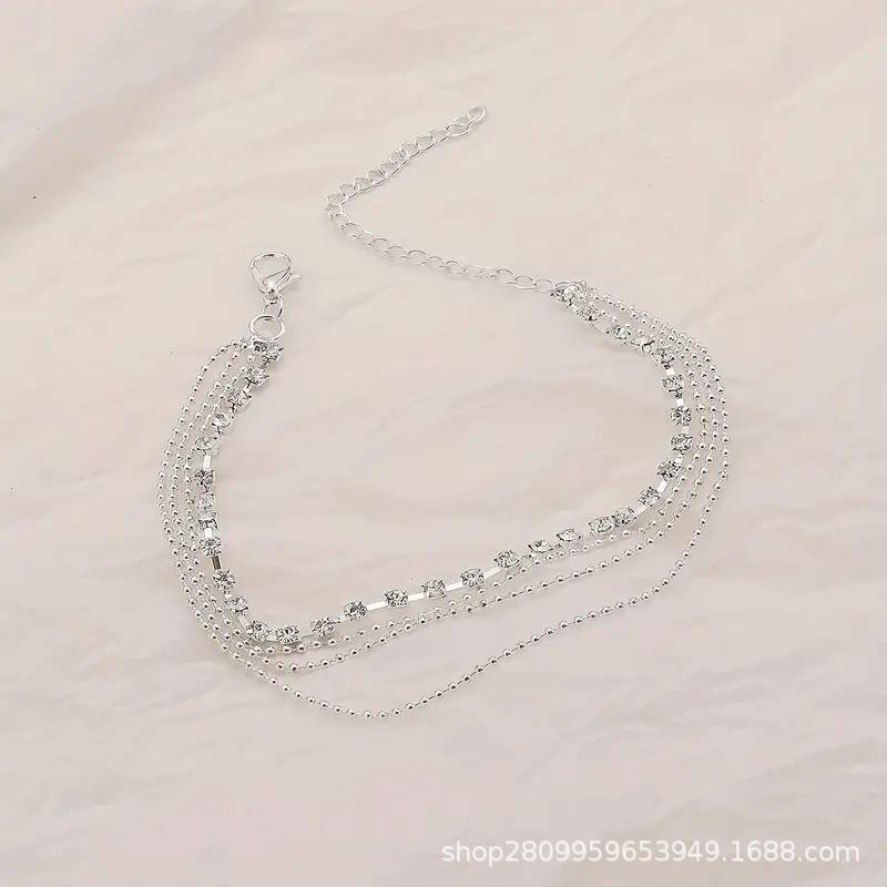 

Женский простой браслет на щиколотку с бриллиантами, летний пляжный браслет на щиколотку, персонализированная многослойная цепочка из бусин серебряный