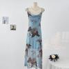 French Blue Butterfly Floral Mermaid Dress: Women's Slim Fit A-line for Summer Resort