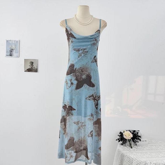 French Blue Butterfly Floral Mermaid Dress: Women's Slim Fit A-line for Summer Resort