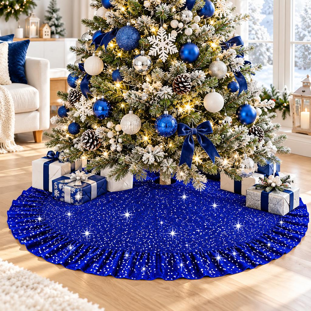 Sequin Ruffle Christmas Tree Skirt, Sparkly Holiday Decoration for Home Party Display