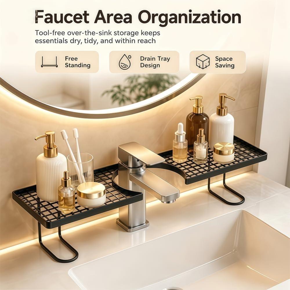Behind the Faucet Sink Organizer, Thickened Behind the Faucet Shelf Bathroom, No-Drill Free Standing Faucet Storage Shelf