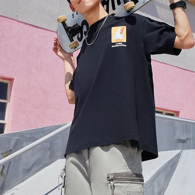 Li-Ning X Phil Hackett Artist Collaboration Cartoon Print Loose Round Neck T-Shirt Unisex Tops Black AHSS859-3
