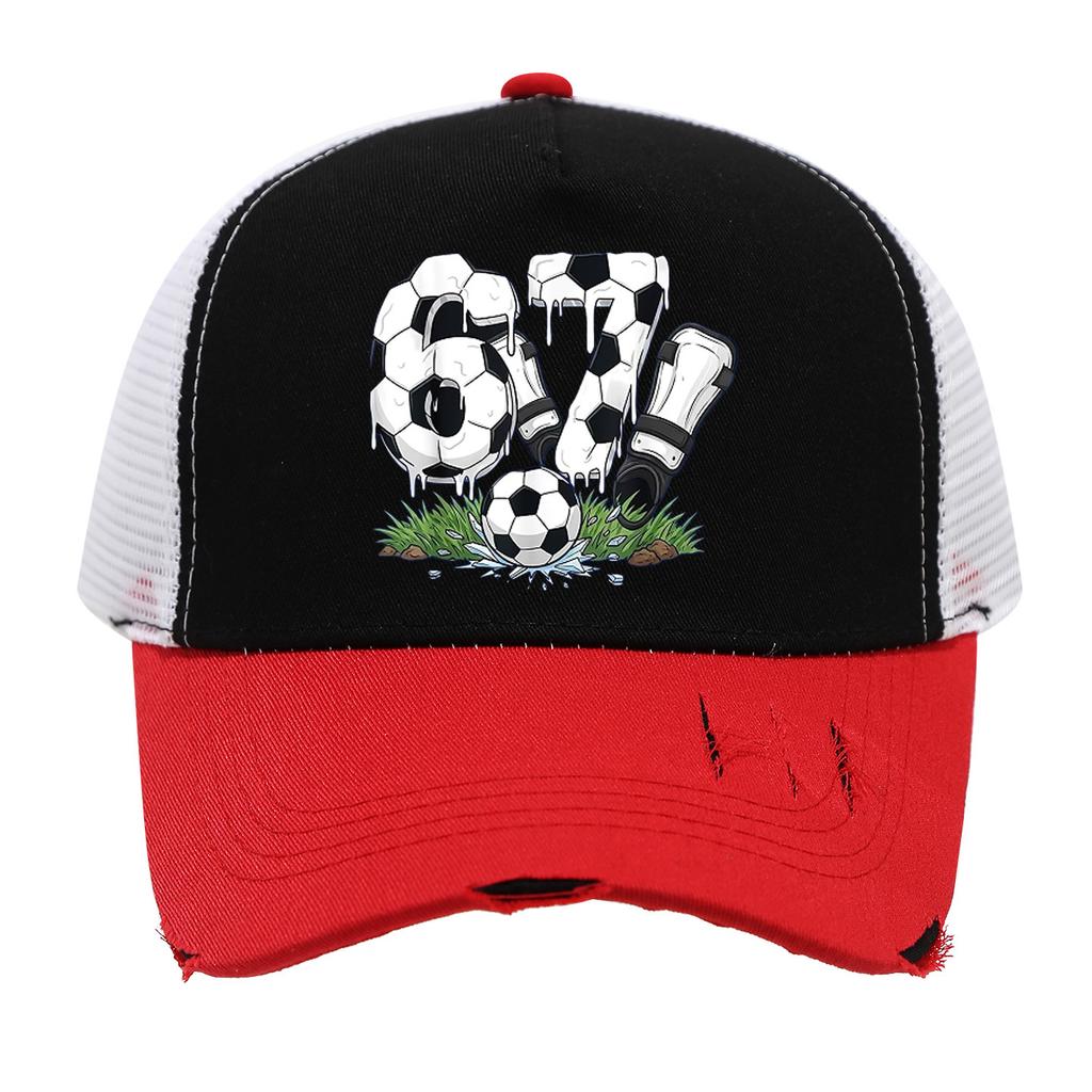 1PC Mesh Trucker Hat, Breathable, Distressed Brim, 3D Soccer 67 Print, Retro Streetwear for Men Women