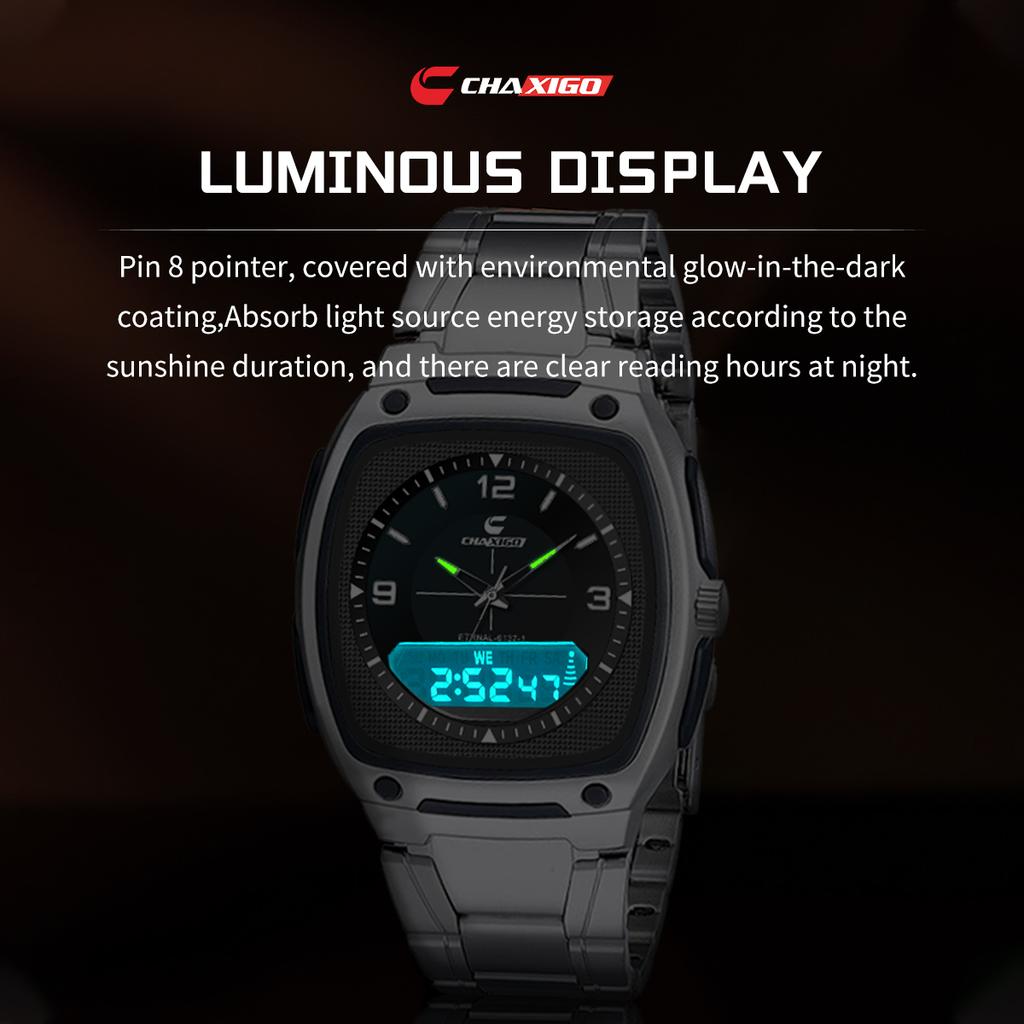 שעון יד אנלוגי לגברים עם תצוגה כפולה, רצועת נירוסטה, מחוגים זוהרים, עמידות למים 30 מ', שעון קוורץ