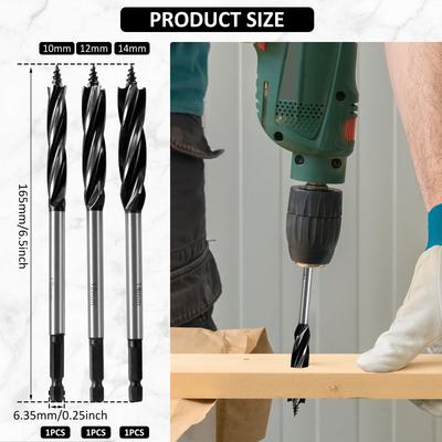 10/12/14mm Auger Drill Bit Set Wood Twist Drill Bit  Fast Cut Auger Carpenter Joiner Tool Wood Hole Drill Bit Woodworking Tool