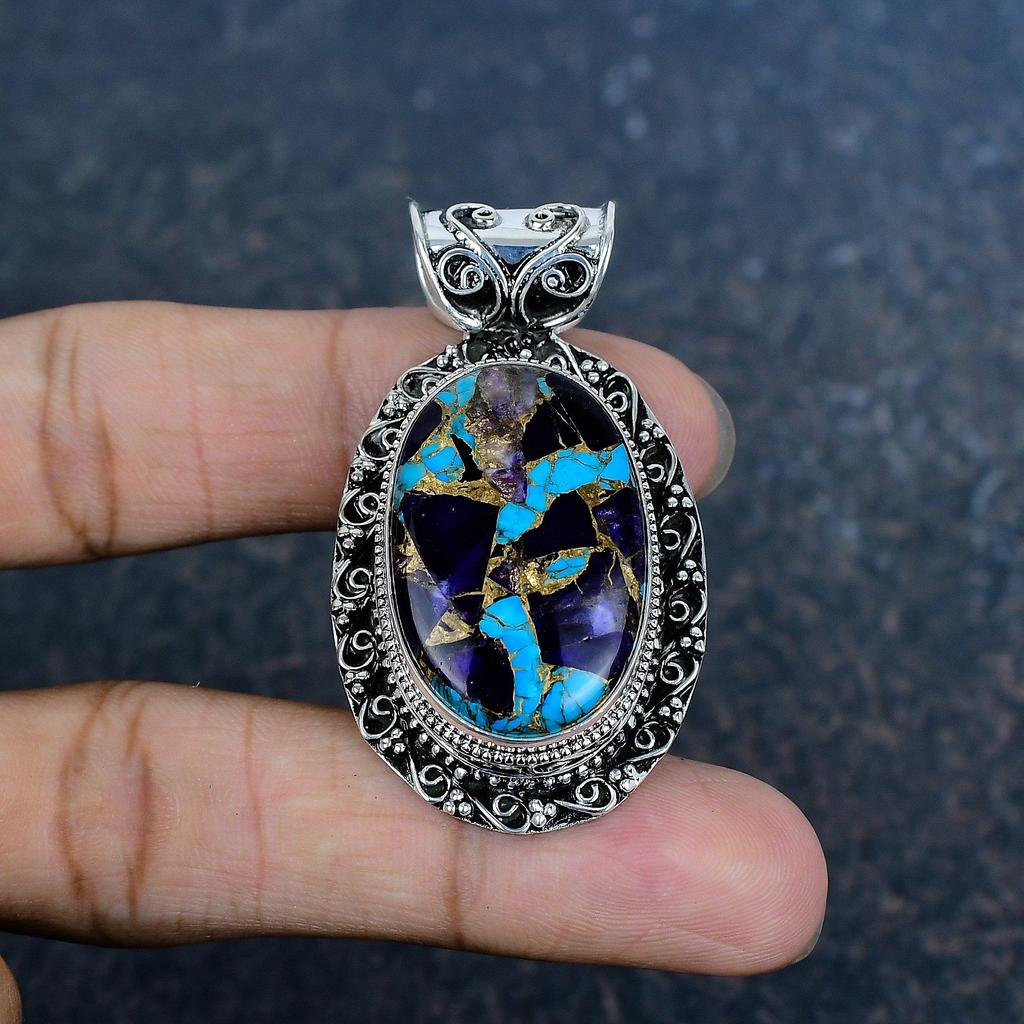 Copper Amethyst Turquoise Handmade Gemstone Pendant, 925 Solid Sterling Silver Pendant Antique Jewelry, For Memorial Day
