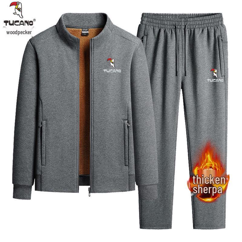 Woodpecker Men's Winter Lambswool Tracksuit Set - Stand Collar, Fleece-Lined, Loose Fit, Two-Piece