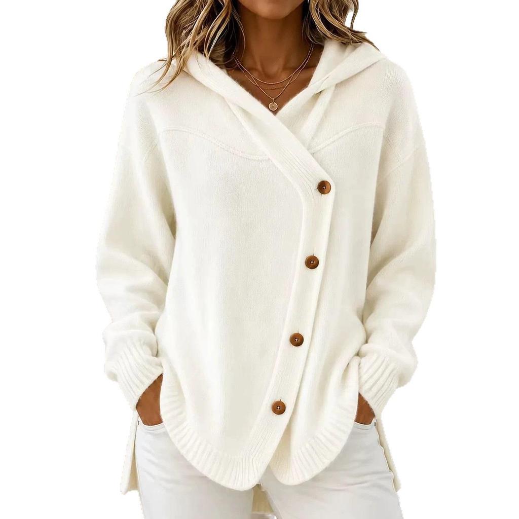 2026 Autumn/Winter Women's Loose Knit Hooded Cardigan with Buttons