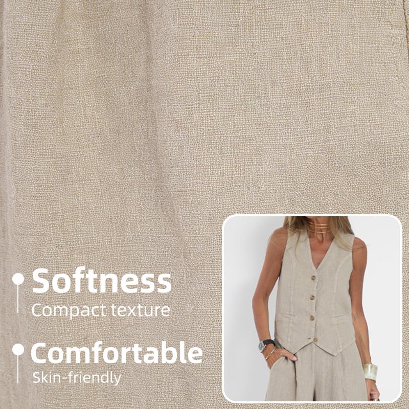 Completo in Lino da Donna - Completo 2 Pezzi Camicia Bottoni Scollo a V Senza Maniche Pantaloni Vita Alta Gamba Larga Set Coordinato