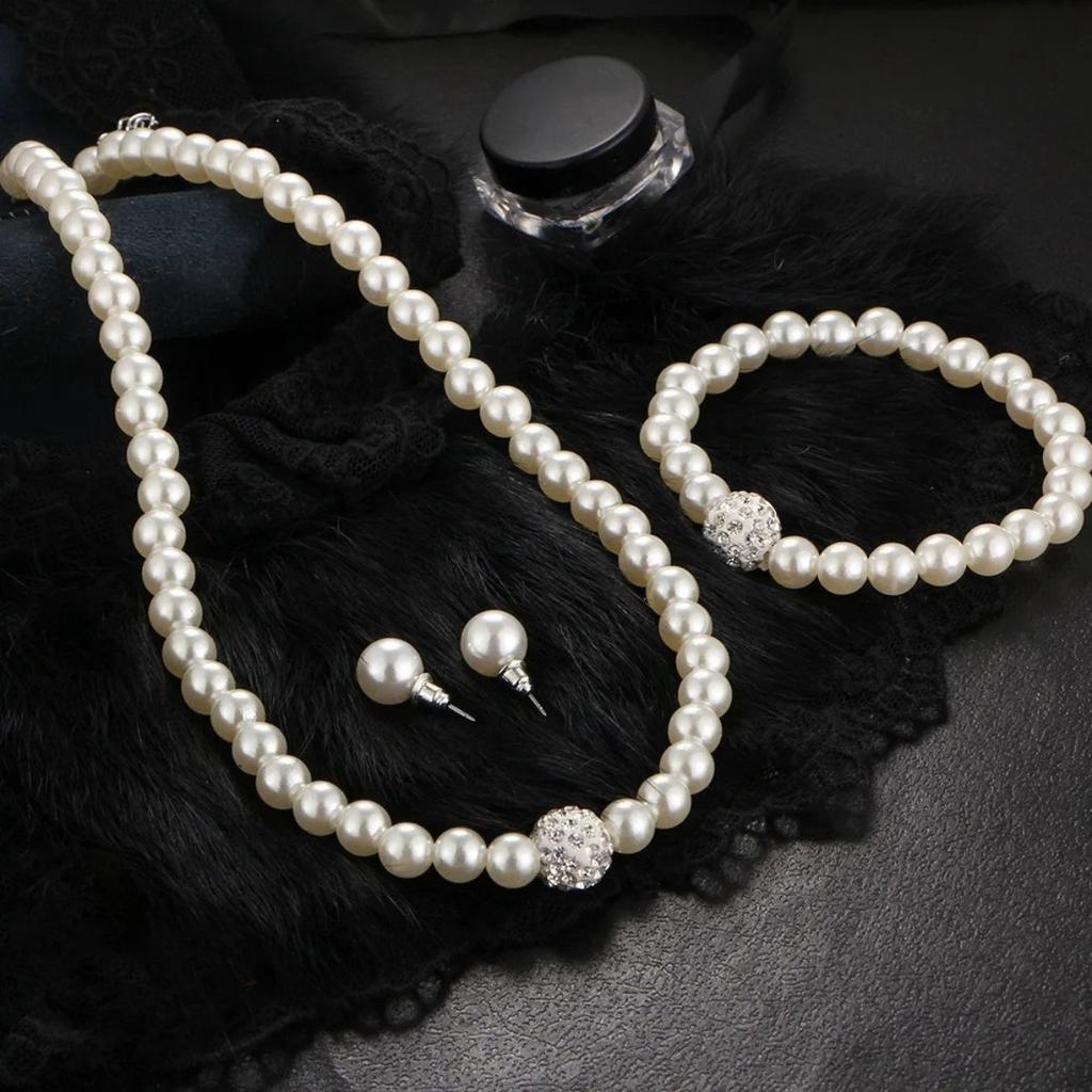 3pcs Imitation Pearl Ball Necklace Bracelet Earring Stud Jewelry Set Silver Color Crystal Stone Elegant Bridal Jewelry Gift